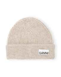 Ganni - Fitted Wool Rib Knit Beanie Sand