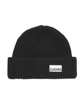 Ganni - OVERSIZED WOOL RIB KNIT BEANIE SORT