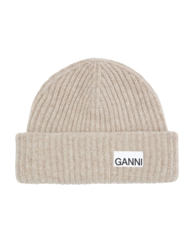 Ganni - OVERSIZED WOOL RIB KNIT BEANIE SAND