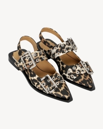 Ganni - Satin Feminine Buckle Ballerinasko Leopard